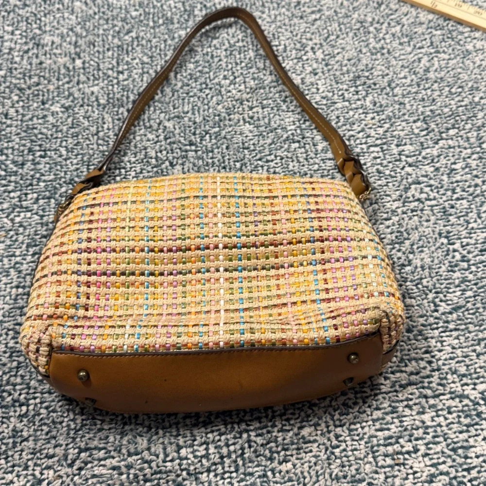 Fossil Multi-Color Woven Straw Leather Trim Shoulder Bag Tan Plaid Handbag